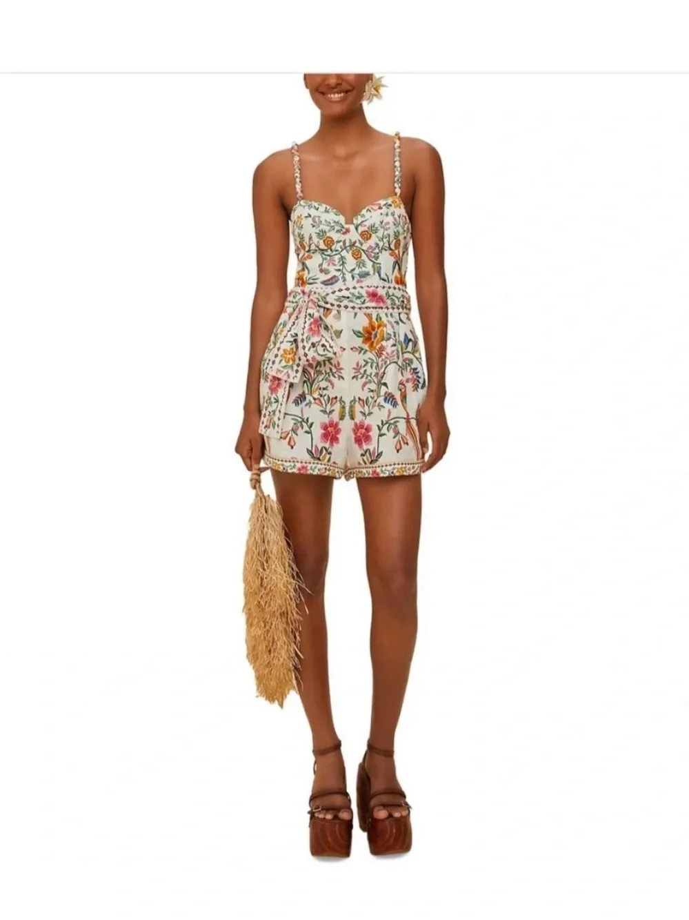 FARM Rio Floral Embroidered Cream Romper with Multicolor Bird Motif